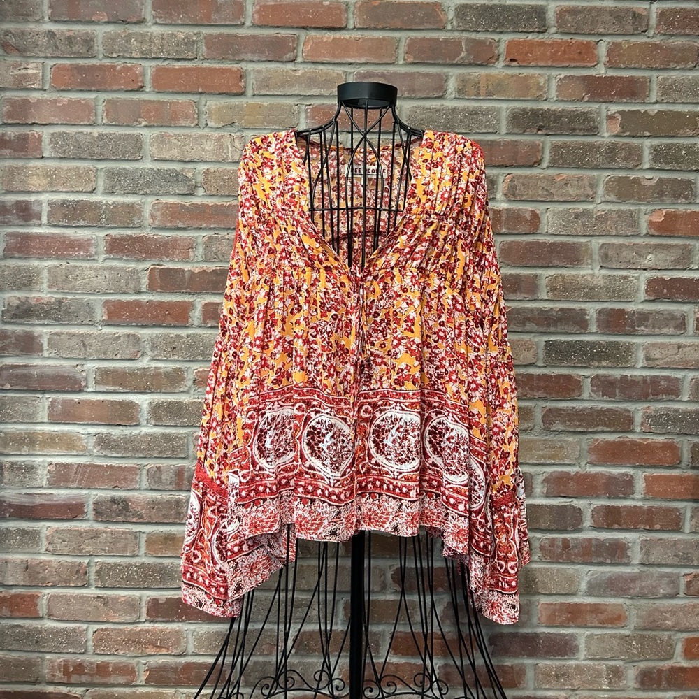 Free People Floral Boho Blouse in Red and Yellow